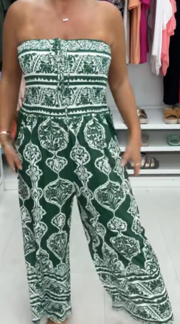 Jumpsuit med mosaikkmønster og elastisk byste