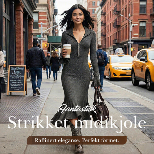 Kvinners kjole med glidelås, revers og utvidede ermer i strikk, med fiskestert