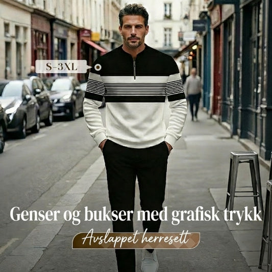 🌿👬Herresett med grafisk trykk, genser og bukser