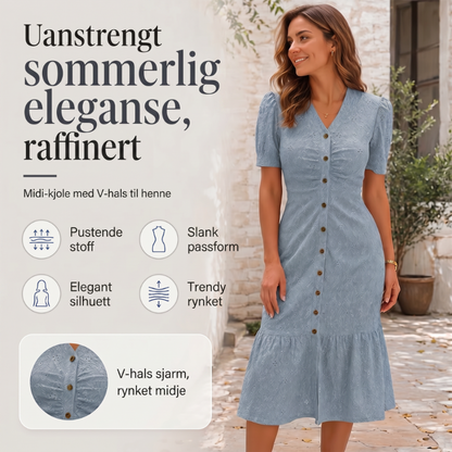 ✨ Elegant midikjole i blonder – V-hals, puffede ermer og volangkant ✨