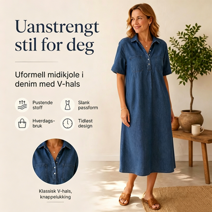 Uformell midi-skjortekjole i denim med lommer