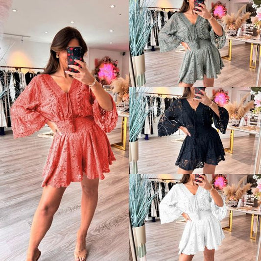 🔥Direkte salg fra fabrikk🔥Casual kort V-hals blonder dress