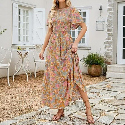 ⏰Særtilbud: 49 % rabatt👗 Uformell maxi-kjole for damer med blomstermønster, korte fløyelslærmer, smock og høy midje