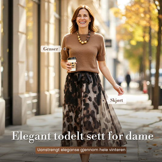Todelt sett for kvinner bestående av en genser og et flytende skjørt med leopardmønster