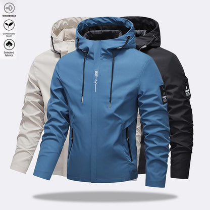 🎁Nyhet 50 % rabatt💥Herrejakke i ensfarget, vanntett og vindtett materiale med snøring og glidelås i hetten