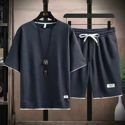 👕 50 % RABATT NÅ! 🌿 2-delers sett med kortærmet T-skjorte i vaffelstruktur – Pustende, løs passform og sidelommer – Komfortabel unisex-modell ✨