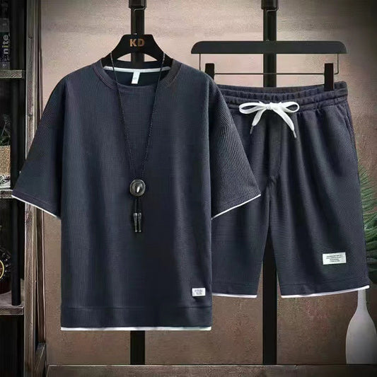 👕 50 % RABATT NÅ! 🌿 2-delers sett med kortærmet T-skjorte i vaffelstruktur – Pustende, løs passform og sidelommer – Komfortabel unisex-modell ✨