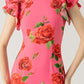 Maxikjole i cheongsam-stil med volanger og vide ermer med rosa blomstertrykk