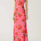 Maxikjole i cheongsam-stil med volanger og vide ermer med rosa blomstertrykk