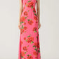 Maxikjole i cheongsam-stil med volanger og vide ermer med rosa blomstertrykk