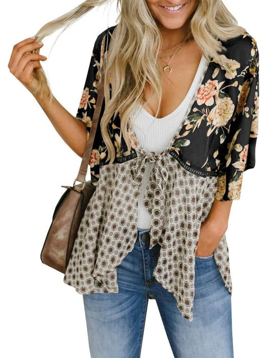 🌸Vårsalg 49 % rabatt🌸Blomstrete kimono-cardigans for damer med volanger på ermene, snøring og løst snitt i boho-stil