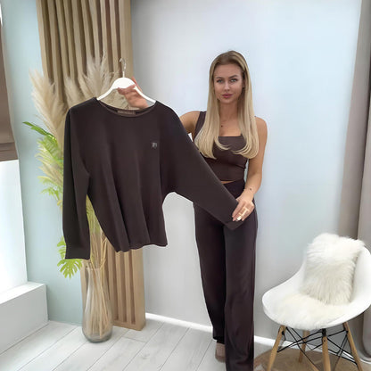 2-delers sett med casual topp og bukser med vide ben for kvinner