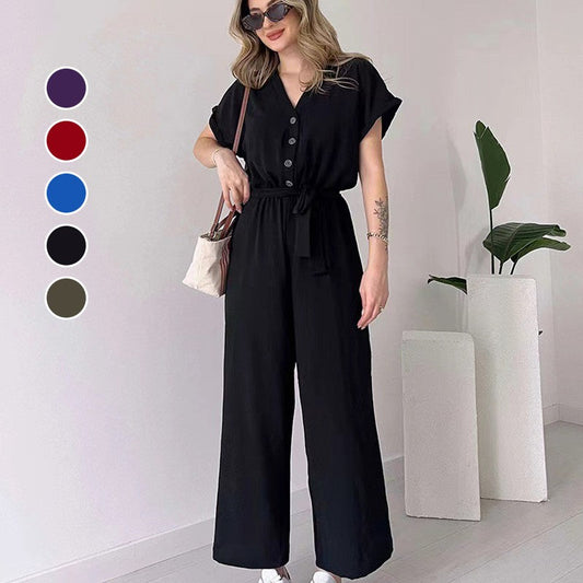 💖 V-hals kort ermet casual jumpsuit for kvinner