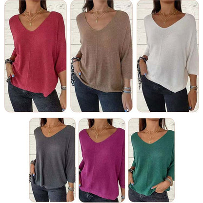 🔥Hot Sales - 60% OFF💕Dame's Batwing Sleeve Solid Color V-Neck Knit Top