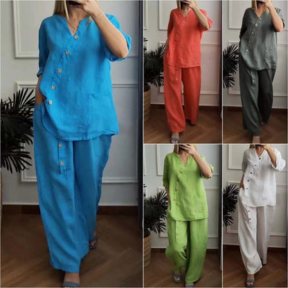 💥Løst sittende todelt sett for damer med elegante knappdetaljer