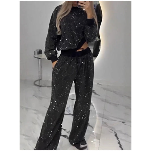 🎅Early Xmas Sales🎄Sequined Loose Fit Top and Wide Leg Pants (2-Piece Set)