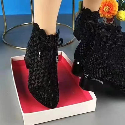 👠Korte støvler med hule nettingperler og tykke hæler for kvinner✨️