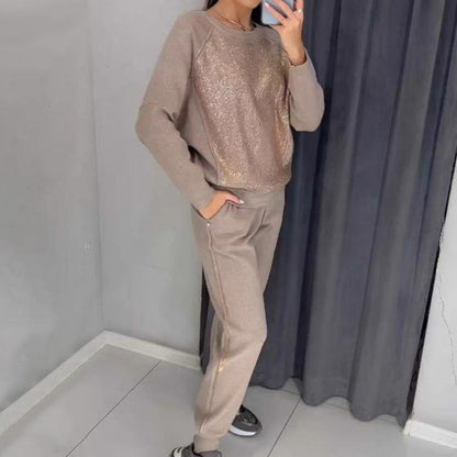 Glitter Rhinestone Sweatshirt & Casual Pants 2-delt sett for kvinner