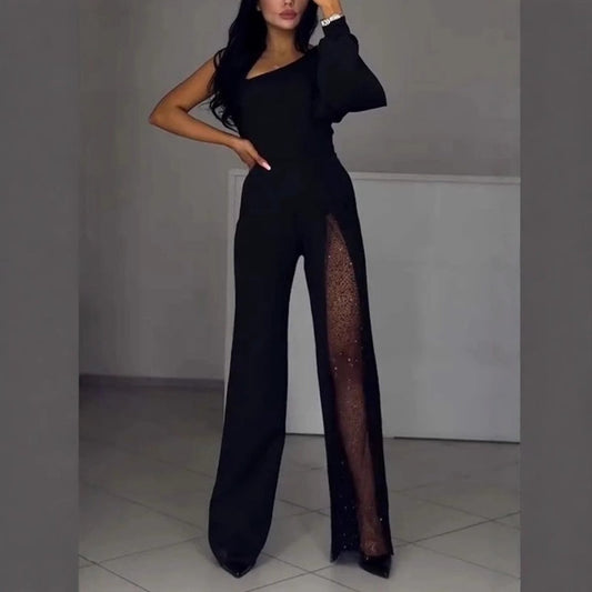 🔥🖤Black Friday Sale:50% rabatt🔥Utslått jumpsuit med glitter og glitter på én skulder for dame