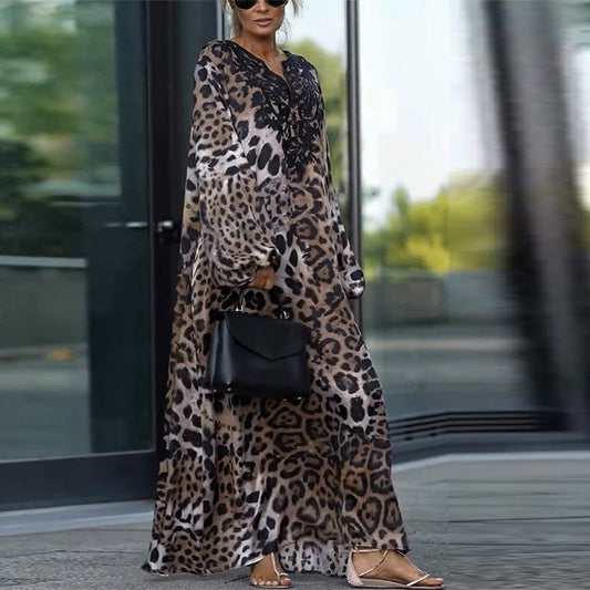 🤩Uformell langermet damekjole med leopardmønster