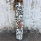 🔥Storsalg 50% OFF🔥Kvinners stilige Print Lapel Button Shirt og Wide-leg Pants 2-delt sett