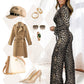 Langermet leopard-sebra jumpsuit med V-hals og lange ermer