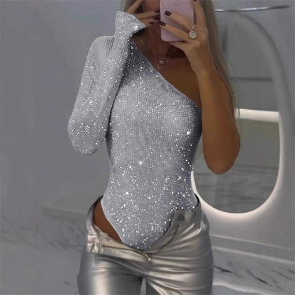 🎉Godt nytt år! 50% AVSLAG 🛍️One Shoulder Sequin Bodysuit for kvinner