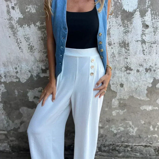 🎉Godt nytt år! 50% AVSLAG 🛍️Bukser med elastisk midje og løse knapper med vide ben