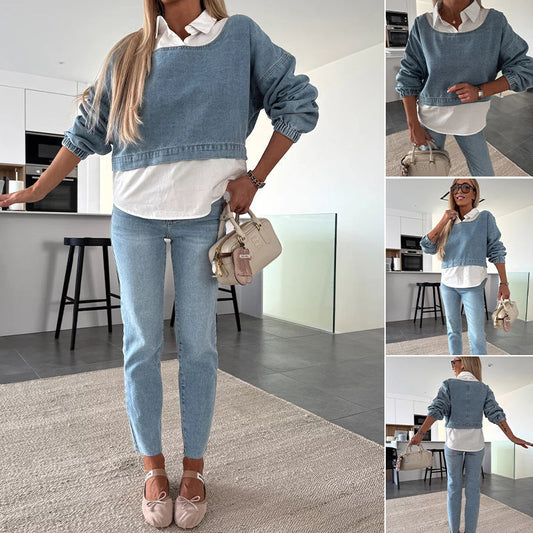 2-delt sett med langermet denimtopp og bukser for kvinner