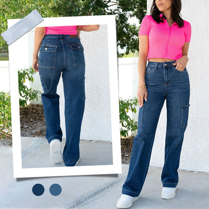 🔥VARMT SALG 50% RABATT🔥High Rise Cargo Stretch-jeans med vidde ben for kvinner