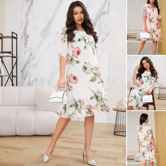 ❀Elegant halværmet chiffongkjole med trykk for kvinner