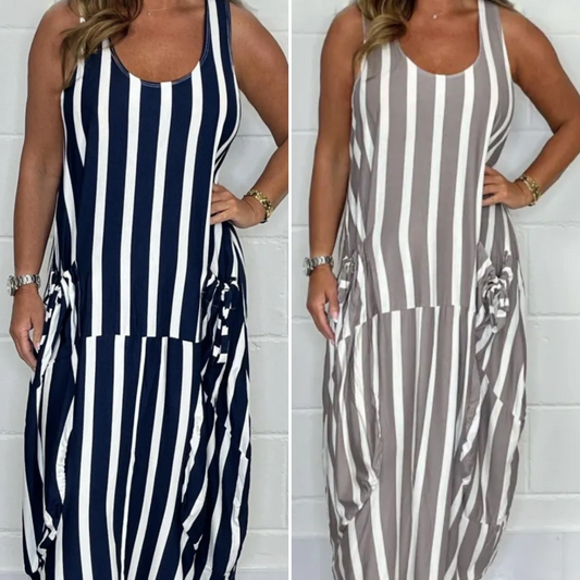 Stripete oversized kjole med knytebelte og frontlomme