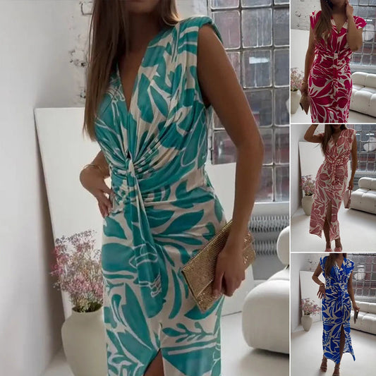 🌺2025 Sommerens nyheter👗Ermeløs kjole med trykk og spalter✨