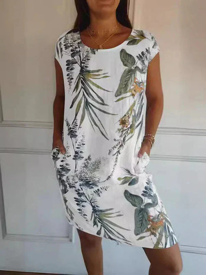🌷SIDSTE DAGS SALG 49% RABATT🍀Kjole med botanisk trykk og rund hals for kvinner