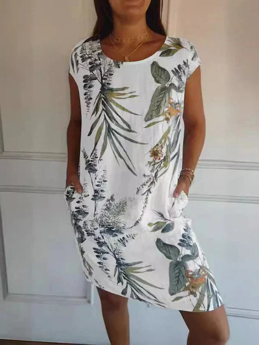 🌷SIDSTE DAGS SALG 49% RABATT🍀Kjole med botanisk trykk og rund hals for kvinner
