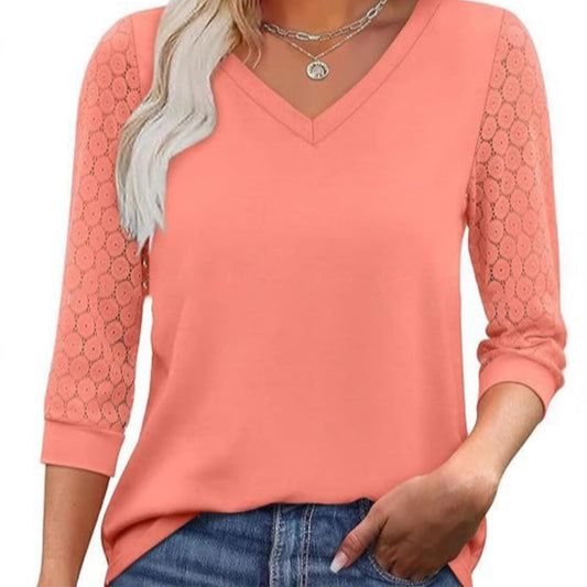 🔥Casual topp for damer med V-hals og 3/4-ermer i blonder