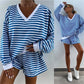 Casual sett for kvinner med V-hals, langermet topp og shorts med strikk i midjen, 2-delt