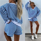 Casual sett for kvinner med V-hals, langermet topp og shorts med strikk i midjen, 2-delt