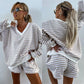 Casual sett for kvinner med V-hals, langermet topp og shorts med strikk i midjen, 2-delt
