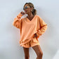 Casual sett for kvinner med V-hals, langermet topp og shorts med strikk i midjen, 2-delt