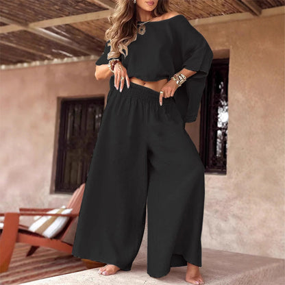 💕Avslappet off-shoulder off-top topp for kvinner med bukser med vide ben