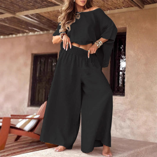 💕Avslappet off-shoulder off-top topp for kvinner med bukser med vide ben