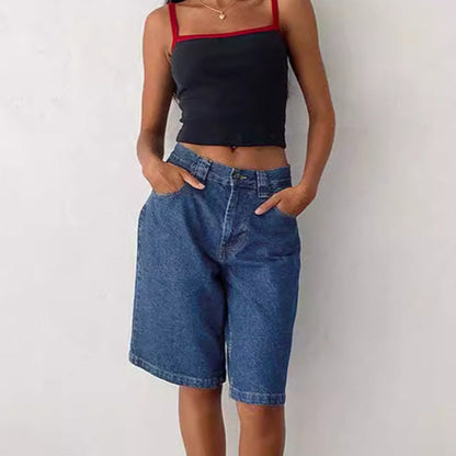 Knelange denim baggy jeans med lommer for kvinner