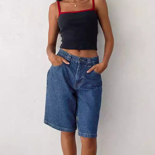 Knelange denim baggy jeans med lommer for kvinner