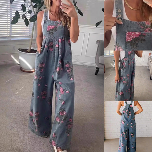 Uformell jumpsuit i denim med trykk for kvinner