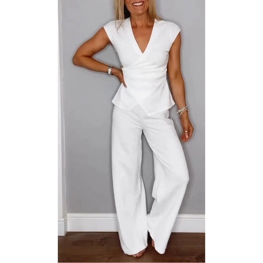 💋Elegant sett med topp og bukser med V-hals for kvinner