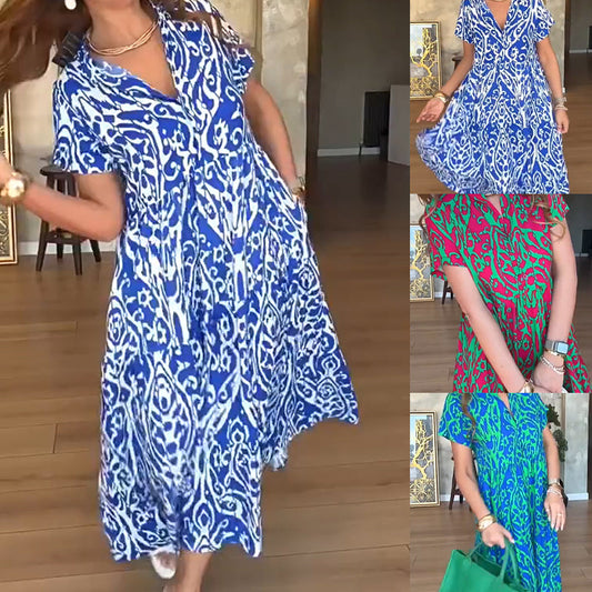 ⏰Tidsbegrenset tilbud💃Lang kjole i A-linje for kvinner med casual trykk
