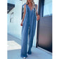 V-hals, ermeløs, sexy jumpsuit i vasket denim med åpen rygg