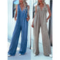 V-hals, ermeløs, sexy jumpsuit i vasket denim med åpen rygg