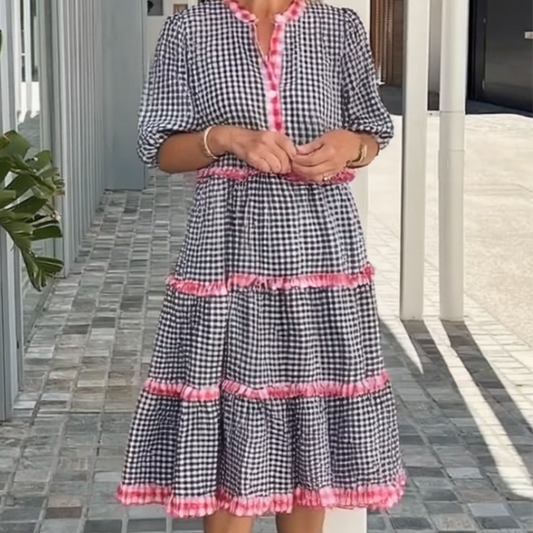 ⏳Tidsbegrenset spesialtilbud⏰Sweet & Fresh Plaid Color-Block Cake Ruffle Dress👗